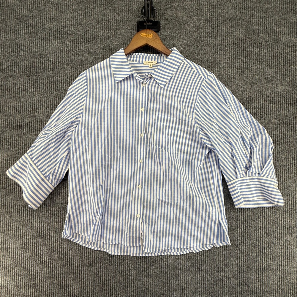 Jodifl Button Down Shirt Womens Large Blue White Excellent Striped 3/4 Sleeve‎